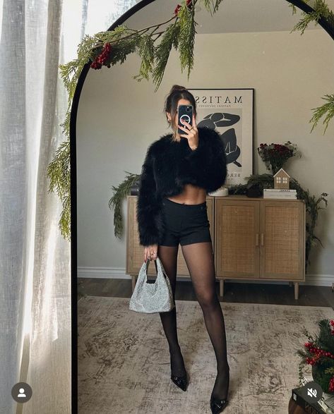 Fur Coat And Shorts Outfit, Black Micro Shorts With Tights Outfit, Black Sparkly Shorts Outfit, Black Micro Shorts Outfit, Black Shorts And Tights Outfit, Black Shorts With Tights Outfit, Paris New Year, Micro Shorts Outfit, Shorts With Tights Outfit