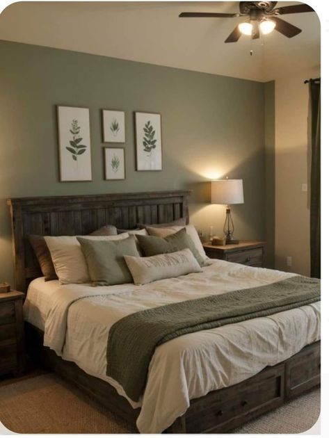 Grey Beige And Green Bedroom, Sage Green Wall Color Bedroom, Sage Guest Bedroom Ideas, Sage And Dark Brown Bedroom, Sage Green Bedroom With Dark Wood Furniture, Bedroom Green Theme, Green And Gray Bedroom Decor, Sage Green Gray And Beige Bedroom, Sage Green Room Color