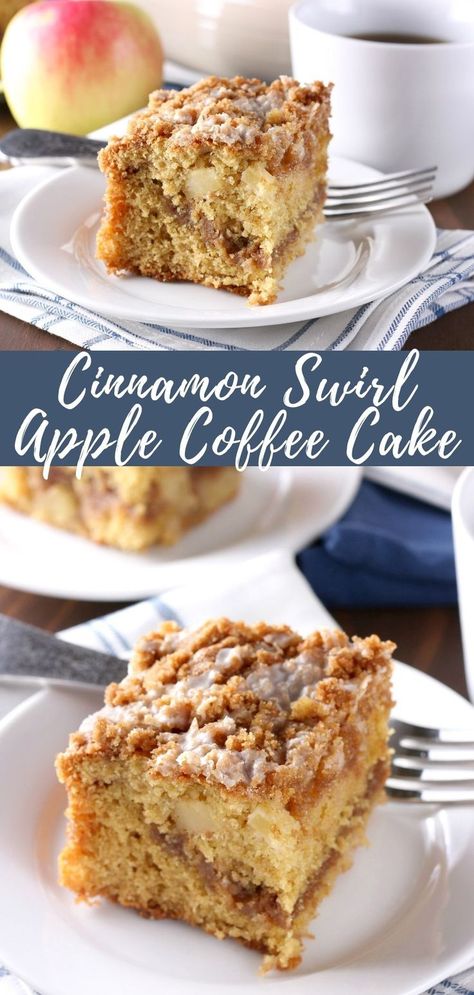 Slices of cinnamon swirl apple coffee cake on small white plates Cinnamon Swirl Coffee Cake, Cinnamon Swirl Cake, Apple Coffee Cake, Drink Presentation, Apple Cinnamon Cake, Apple Coffee, Coffee Cake Recipes Easy, Streusel Cake, Apple Spice Cake