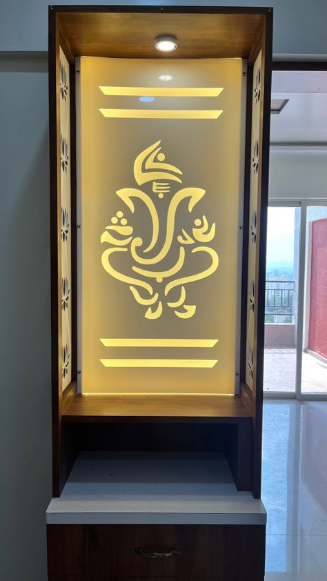 Ganesh On Glass Door, Jaali Design For Mandir, Puja Room Cnc Design, Pooja Unit Cnc Design, Mdf Mandir Design, Ganesh Glass Design, Mandir Jaali Designs, Cnc Temple Design, Mandir Acrylic Design