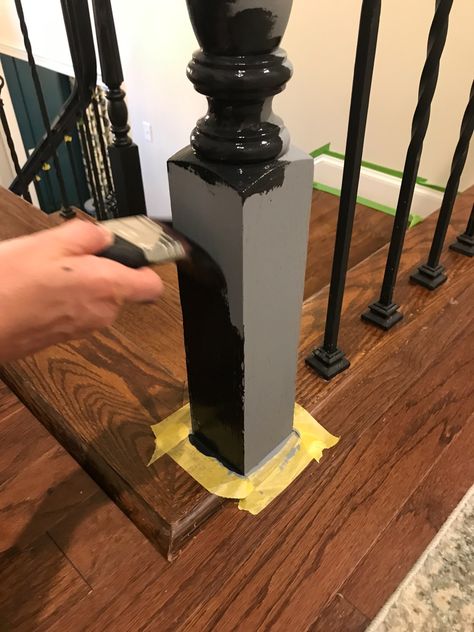 Paint Handrail, Stair Risers and Trim Perfectly Every Time! | DeeplySouthernHome Black Painted Stairs, How To Paint Trim, Painted Stair Railings, Black Stair Railing, Oak Handrail, Paint Trim, Stair Spindles, Painted Staircases, Black Stairs