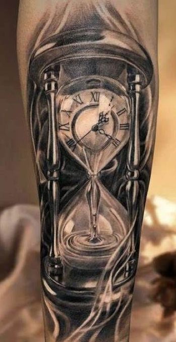 Clock Sleeve Tattoos For Guys, Hourglass Clock Tattoo, Clock Tattoo Ideas, Hourglass Clock, Time Piece Tattoo, Tattoo Crane, Clock Tattoo Sleeve, Small Wave Tattoo, Hourglass Tattoo