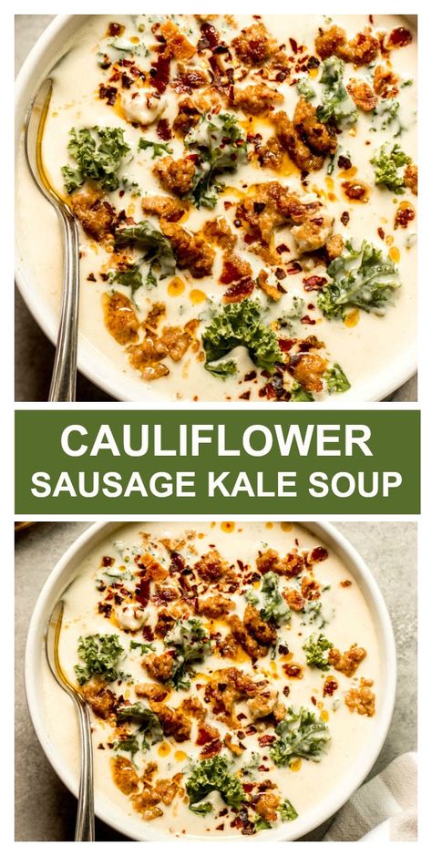 Creamy cauliflower sausage kale soup. It's just like the zuppa soup but low carb and SO creamy. #zuppasoup #cauliflowerzuppa #creamycauliflowersoup #healthyzuppasoup Cauliflower Sausage, Blender Soups, Sausage Kale Soup, Zuppa Soup, Sausage And Kale, Kale Soup Recipes, Sausage And Kale Soup, Sausage Kale, Creamy Cauliflower Soup