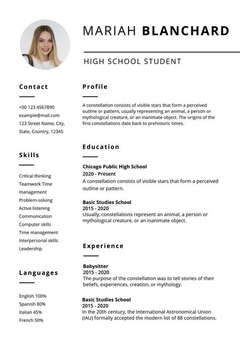 Skills Resume Ideas, Highschool Resume Example, College Resume High School, Resume Lesson Plans High Schools, Resume For Students High Schools, Cv For High School Students, Resume As A Student, Resume College Student, Resume Template First Job