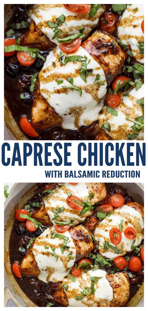 This juicy, baked chicken caprese is drizzled with balsamic reduction for a savory meal you'll love! Each bite is filled with fresh basil, melty mozzarella, and sweet roasted tomatoes for a mouthwatering chicken dinner you'll never regret making #chickendinner #chickenrecipes #bakedchicken #chickencaprese #caprese #easydinnerideas Chicken With Pesto Tomato And Mozzarella, Baked Chicken With Mozzarella Cheese, Chicken Caprese Pasta Bake, Ground Chicken Caprese, Balsamic Chicken And Tomatoes, Caprese Salad Chicken, Chicken Caprese Skillet, Balsamic Chicken Bake, Chicken Mushroom Mozzarella Recipes