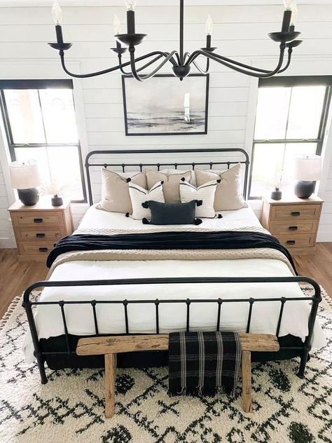 Home Design and Decor | Give me all the neutral colors | Facebook Modern Farmhouse Bedrooms, Black Iron Beds, Cozy Farmhouse Bedroom, Black Metal Bed Frame, Black Bed Frame, Iron Bed Frame, Modern Farmhouse Bedroom, Farmhouse Aesthetic, Guest Bedroom Decor