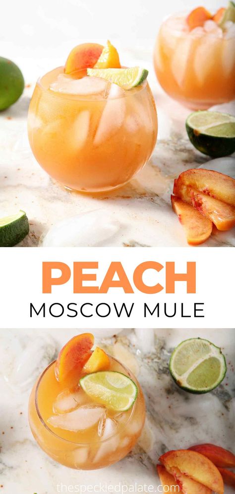 September Mixed Drinks, Unique Drinks Alcohol, Peach Alcoholic Drinks Recipes, Peach Mule Recipe, Easter Mule Cocktail, Peach Drinks Alcohol, Peach Cider Cocktail, Peach Mixed Drinks, Peach Mule Drink Recipes