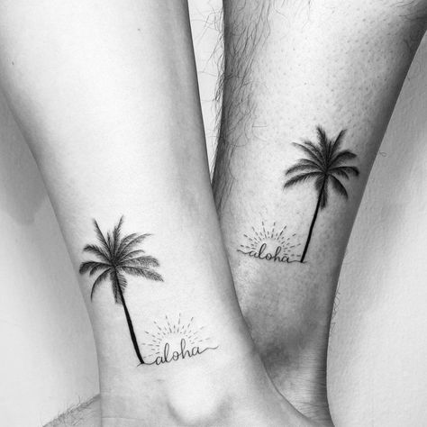 101 Best Aloha Tattoo Ideas That Will Blow Your Mind! - Outsons Croquis, Palmas, Small Hawaii Tattoo Ideas, Couples Palm Tree Tattoo, Hawaiian Couple Tattoos, Tattoo Ideas Female Hawaiian, Costa Rica Tattoo Ideas Travel, Live Aloha Tattoo, Hibiscus Line Tattoo