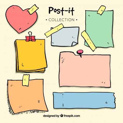 Set of hand drawn sticky notes. Download thousands of free vectors on Freepik, the finder with more than a million free graphic resources Sticky Note Clipart, Buju Ideas, Orphan Quotes, Journal Printables Templates, Notes Drawing, School Aesthetics, Sticker Inspiration, Colorful Stationery, Note Doodles