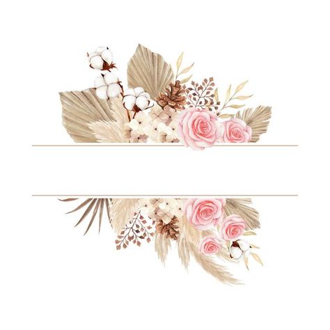 Watercolor boho style frame with rose an... | Premium Vector #Freepik #vector #flower #watercolor #floral #decorative Floral Border Design Frames, Banner Decoration Ideas, Dried Floral Wreaths, Flowers Border, Rose Border, Dry Leaves, Cactus Illustration, Floral Cards Design, Watercolor Boho