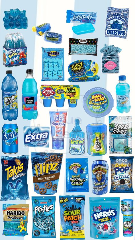 #blue #sweets #bluesweets #candy #yummy #yum #sweet #candies #snacks #bluesnacks #snack #treat Blue Talkies Chips, Cool Healthy Snacks, Color Themed Gifts Blue, Junk Food Snacks Candy, Blue Candy Basket, Snacks And Candy, Blue Snack Basket, Vacation Snacks To Pack, Best Store Bought Snacks