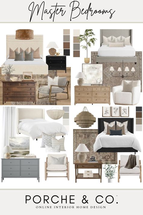 Image for a blog about master bedrooms design from Porche & Co. Transitional Modern Bedroom, Modern Classic Bedroom Design, Modern Classic Bedroom, Classic Bedroom Design, Transitional Interior Design, Peaceful Bedroom, Neutral Bedroom Decor, Dream Master, Guest Bedroom Decor