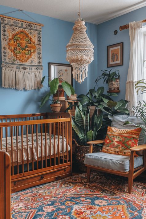 Nursery Ideas With Plants, 70s Kids Room, Blue Nursery Ideas, Thrifted Nursery, 70s Nursery, Hippie Nursery, Eclectic Nursery, Retro Nursery, Minimalist Theme