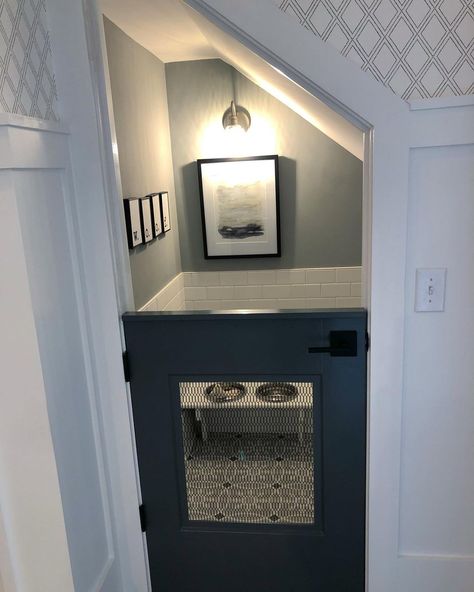 Who let the dogs 🐶 out?! We ❤️ this use of space under the stairwell🐕 Opt-in to having a dog room in your home at #SneeFarmVillage ! Click… | Instagram Under Stairs Dog Kennel Door, Under Stairs Ideas Dog Spaces, Under Staircase Nook Ideas, Understairs Storage With Dog Bed, Dog Kennel In Closet Ideas, Dog Spaces Under Stairs, Under Stairs Closet Dog Room, Dog Spot Under Stairs, Dog Houses Under Stairs