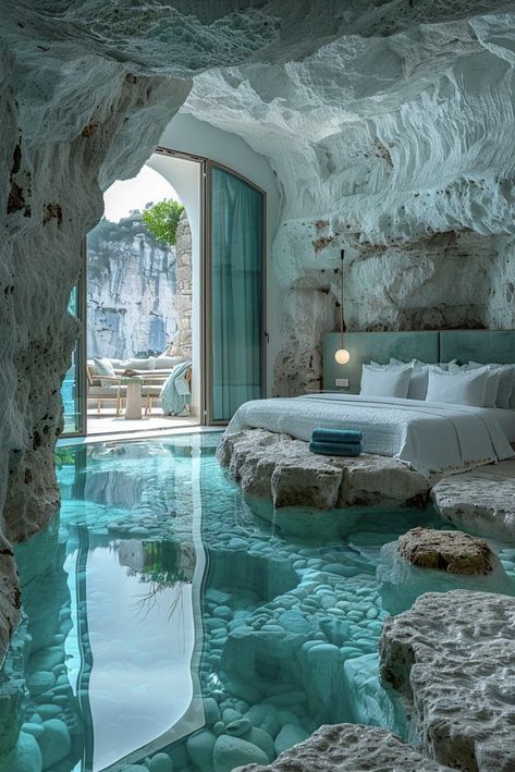 Crazy Houses Interior, Weird House Interior, Mermaid House Aesthetic, Insane Bedrooms, Unrealistic Places, Rooms In House, Water Bedroom, Coolest Houses, Mermaid House