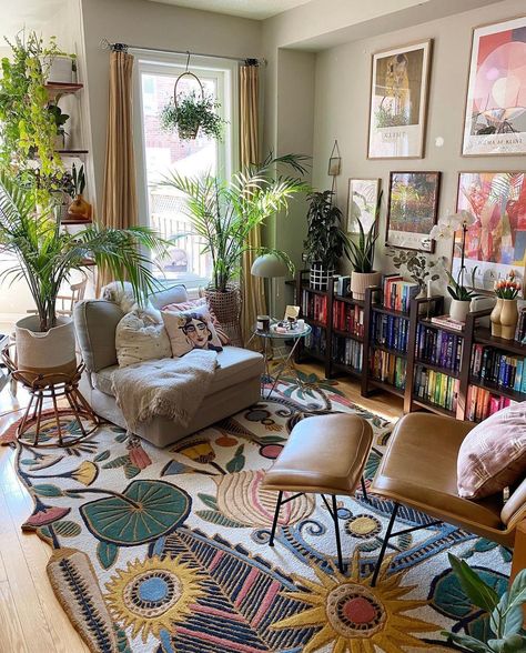 @bohome.plantry giving optimism the moment it deserves! 🤗🤩💗#jungalow Living Room Ideas Maximalist, Colorful Hygge Decor, Lush Living Room, Boho Maximalism Dining Room, Odd Spaces In Home, Renter Apartment Ideas, Eclectic Therapy Office, Small Living Room Studio, Jungalow Home Office