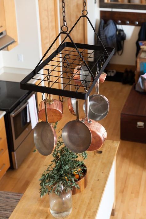 Use copper cookware to bring some retro-vintage spirit of the French countryside, where the flavor of freshly baked croissants and pastries is in the air.#coppercookware #kitcheninspiration #vintagestyle #kitchen Pot Rack Hanging, Rustic Kitchen Cabinets, Kitchen Organization Diy, New Kitchen Cabinets, Kitchen Pot, Diy Kitchen Cabinets, Pot Rack, Kitchen Space, Pots And Pans