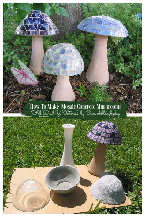 Concrete Mushrooms, Garden Ideas Homemade, Mushroom Crafts, Garden Mushrooms, Concrete Diy Projects, Outdoor Crafts, Garden Crafts Diy, Concrete Crafts, Glass Mushrooms