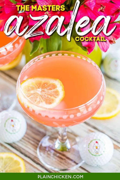 Azalea Cocktail - the signature cocktail of the Masters golf tournament! SO light and refreshing! Perfect for watching the golf tournament and spring/summer parties. Lemon juice, pineapple juice, vodka and grenadine. Can make a pitcher or a single cocktail. This is our signature cocktail recipe! SO good! #cocktail #vodka #lemon #pineapple #themasters Azalea Cocktail, Tournament Food, The Masters Golf, Vodka Lemon, Masters Golf Tournament, Cocktail Vodka, Booze Drink, Light Drinks, Pimento Cheese Recipes