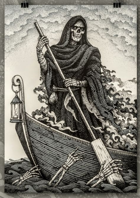 Reaper Illustration Vintage, The Grim Reaper Tattoo, Charon The Ferryman Tattoo, Charon Tattoo, Executioner Tattoo, Charon Ferryman, Grim Reaper Illustration, Tattoo 2024, Grim Reaper Tattoo