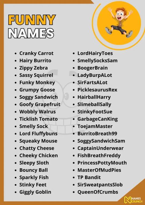 750+ Funny Names You Won't Find Anywhere Else - Names Crunch Silly Contact Names, Funny Game Names, Funny Names For Boys, Insulting Names To Call People Funny, Insulting Names To Call People, Funny Display Names, Funny Insulting Names, Funny Gc Names, Funny Boy Names