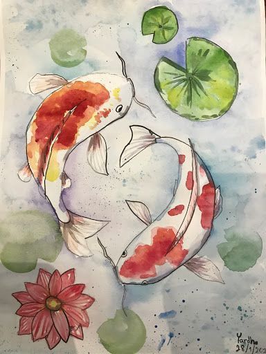 Drawings With Aquarelle, Botanical Drawings Watercolor, Sketchbook Art Inspiration Watercolour, Koi Painting Watercolour, Waterpaint Ideas Aesthetic, Koi Fish Watercolor Paintings, Koi Fish Painting Watercolors, Art Inspo Watercolour, Koi Fish Drawing Sketches