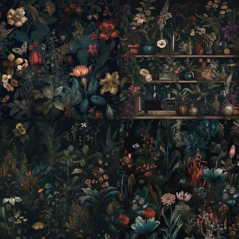 Dark Botanicals Wallpaper florals Dark Eclectic Wallpaper, Floral Witchy Wallpaper, Dark Wallpaper For Walls Interiors, Moody Eclectic Wallpaper, Dark Botanical Old World Aesthetic, Dark Maximalist Wallpaper, Deep Floral Wallpaper, Dark Moody Botanical Wallpaper, Dark Maximalism Wallpaper