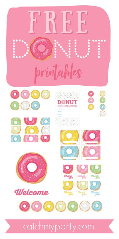 Download These Sweet Free Donut Party Printables Now! Donut Theme Decorations, Donut Banner Free Printable, Donut Party Printables Free, Donut Signs Printable Free, Thanks A Hole Bunch Donut Free Printable, Donut Seeds Free Printable, Dunkin Donuts Themed Birthday Party, Donut Diy Decorations, Donut Birthday Party Cupcakes