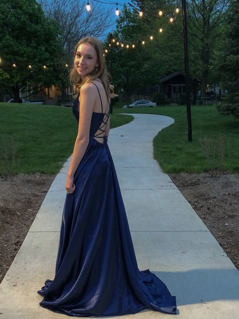 Silky Blue Prom Dress, Petrol Blue Prom Dress, Graduation Dress Navy Blue, Blue Prom Dress Blonde Hair, Navy Blue Prom Dress Aesthetic, Prom Dresses Dark Blue Long, Navy Silk Prom Dress, Dark Blue Silk Prom Dress, Navy Blue Prom Dresses Long Flowy