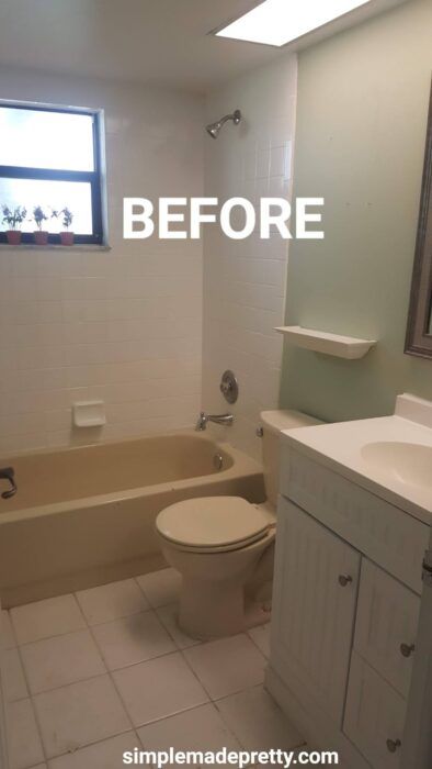 Colored Bathtub, Small Bathroom Renos, Small Bathroom With Tub, Outdated Bathroom, Small Full Bathroom, Jungle Bedroom, Tub Remodel, Rental Bathroom, Cheap Bathroom Remodel