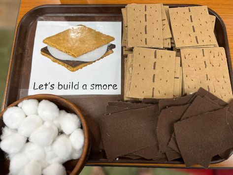 Diy Smores Pretend Play, Build A Smores Craft, Camping Provocation, Camping Theme Art Preschool, S'more Activities For Preschoolers, Campfire Dramatic Play Preschool, Camping Table Activities Preschool, Nature Dramatic Play Preschool, Camping Dramatic Play Ideas