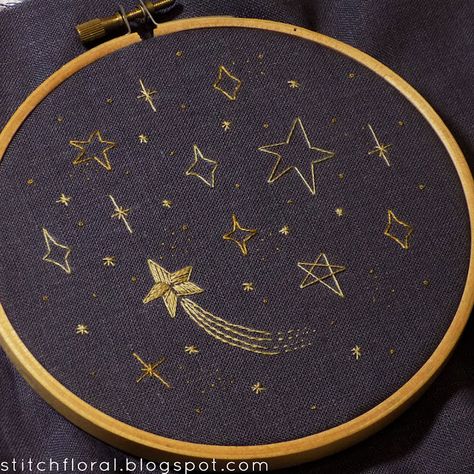 How To Embroider Stars Easy, Hand Embroidered Stars, Moon Stars Embroidery, Embroidered Moon And Stars, Black Cloth Embroidery, Embroidering Stars, Shooting Star Embroidery, Cute Simple Embroidery, Embroider Star