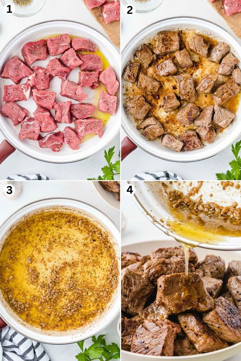 sprinkle the steak with salt and pepper. fry in the pan. make the garlic butter sauce and coat the steak with the sauce. Steak Bites With Garlic Butter, Steak With Garlic Butter, Garlic Butter Steak Bites, Butter Steak Bites, Butter Steak, Garlic Butter Steak, Garlic Butter Sauce, Pepper Steak, Steak Bites