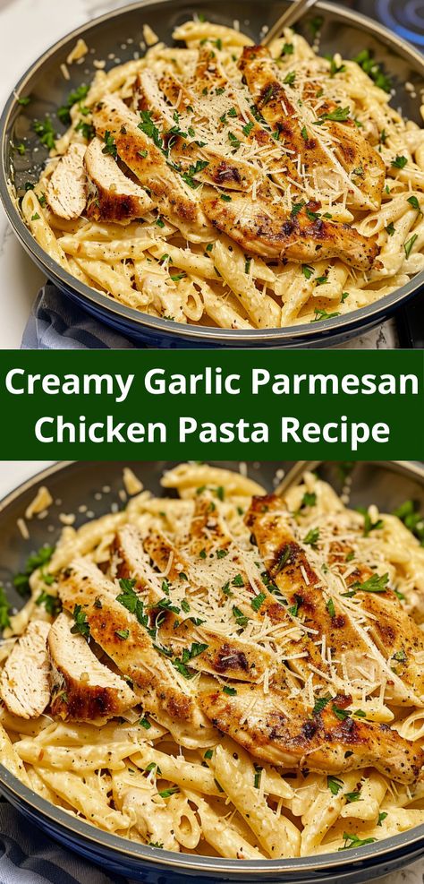 Need chicken pasta recipes for dinner? This Creamy Garlic Parmesan Chicken Pasta Recipe is perfect! One of the best chicken recipes, it’s creamy and flavorful. Creamy Garlic Parmesan Chicken Pasta, Creamy Garlic Chicken Pasta, Creamy Garlic Parmesan Chicken, Garlic Parmesan Chicken Pasta, Parmesan Chicken Pasta, Garlic Chicken Pasta, Garlic Parmesan Pasta, Resep Pasta, Chicken Parmesan Pasta