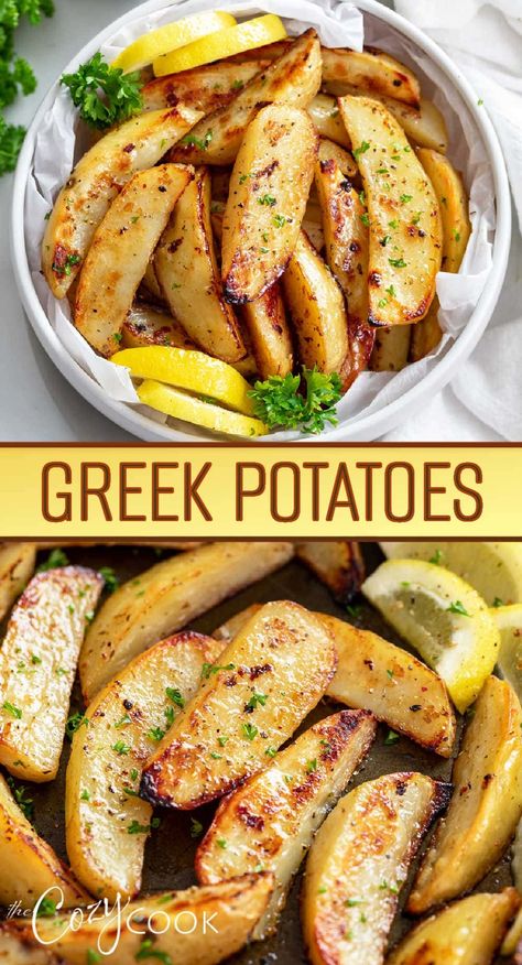 These Greek Potatoes are easy to roast in the oven and have the most amazing flavor. They're a great side dish idea for chicken, pork, lamb, beef, and more! Greek Dinners Easy, Greek Rice And Potatoes, Side For Gyros, Greek Easter Dinner Menu Ideas, Side Dishes For Gyros, Sides To Go With Gyros, Gyros Side Dish, Easter Dinner Ideas Lamb, Greek Chicken Side Dish