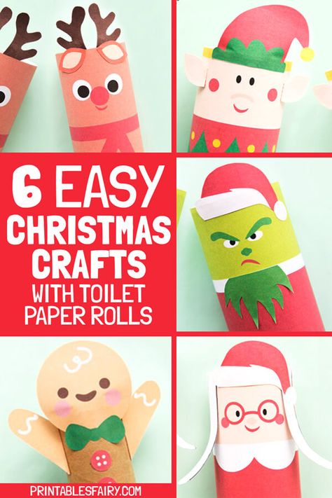 Toilet paper roll Christmas crafts for kids. Learn how to make a toilet paper roll Santa, reindeer, elf, Grinch, Mrs. Claus, and Gingerbread Man using our printable templates. Easy and fun Christmas craft for kids! Grinch Toilet Paper Roll Craft, Paper Towel Roll Crafts Christmas, Toilet Paper Roll Santa, Toilet Paper Roll Crafts Christmas, Christmas Toilet Paper Roll Crafts, Elf Grinch, Xmas Goodies, Santa Claus Crafts, Class Crafts