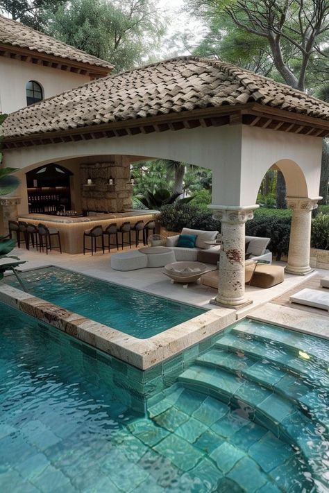 Pool At Home Ideas, Modern Home Pool Design, Pool Garden Ideas Backyard Landscaping, Patio By Pool, Summer House Interior Ideas, Backyard Ideas Pool, House With Pool And Garden, Pool Backyard Design, Mediterranean Pool Design