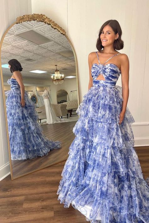 Colorful Gowns Dresses, Easter Dress Prom, Blue And White Floral Prom Dress, Over The Top Prom Dresses, Junior Prom Dresses Long, Extra Prom Dresses, Prom Dress Flowers, Blue Floral Prom Dress, Detailed Prom Dress