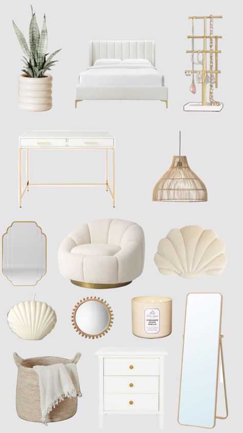 vanilla girl room decor White Room Gold Accents Bedroom, Cozy Aesthetic Bedroom Decor, Clean Girl Room Decor, White And Gold Room, Room Shuffles, Vanilla Girl Room, Clean Girl Room, Vanilla Room, Room Wishlist