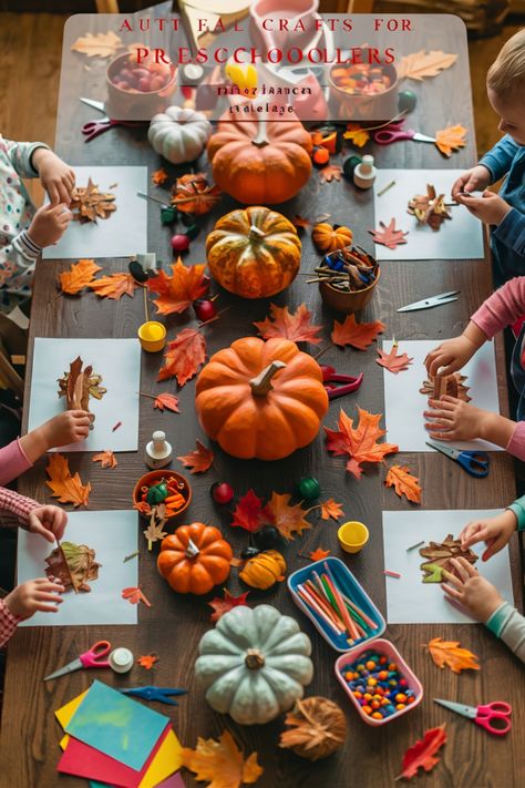 Children seated around a table making autumn crafts with leaves, pumpkins, and art supplies. Autumn Fine Motor Activities, Autumn Creative Ideas For Children, Preschool Autumn Activities, Leaf Activities Preschool, Easy Autumn Crafts For Kids, Autumn Preschool Activities, Autumn Activities For Preschool, Autumn Activities For Toddlers, Preschool Pumpkin Activities