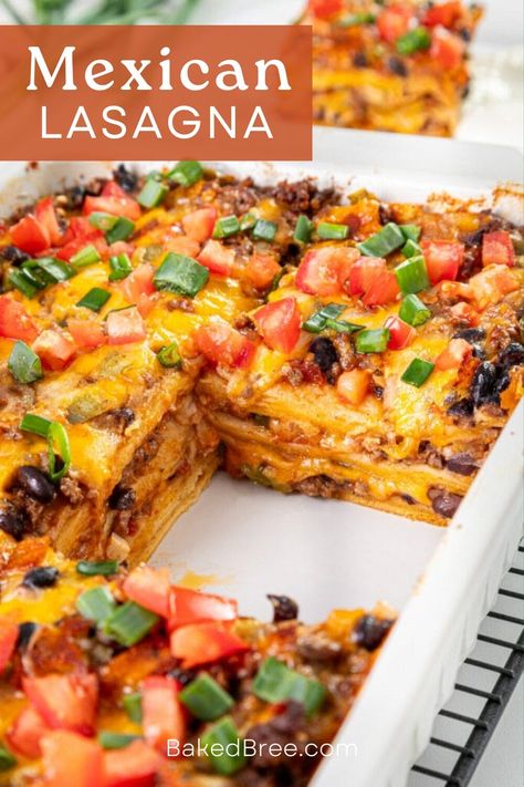 Give an Italian classic a Mexican mix with this Mexican Lasagna—layers of corn tortilla play host to ground beef, green chilis, black beans, and so much more. Madi Nelson Mexican Lasagna, Italian Recipes Ground Beef, Enchilada Lasagna With Tortillas, Taco Lasagna Recipe Tortilla, Unique Casserole Recipes, Corn Tortilla Enchiladas, Mexican Dishes Easy, Taco Lasagna With Tortillas, Fajita Lasagna