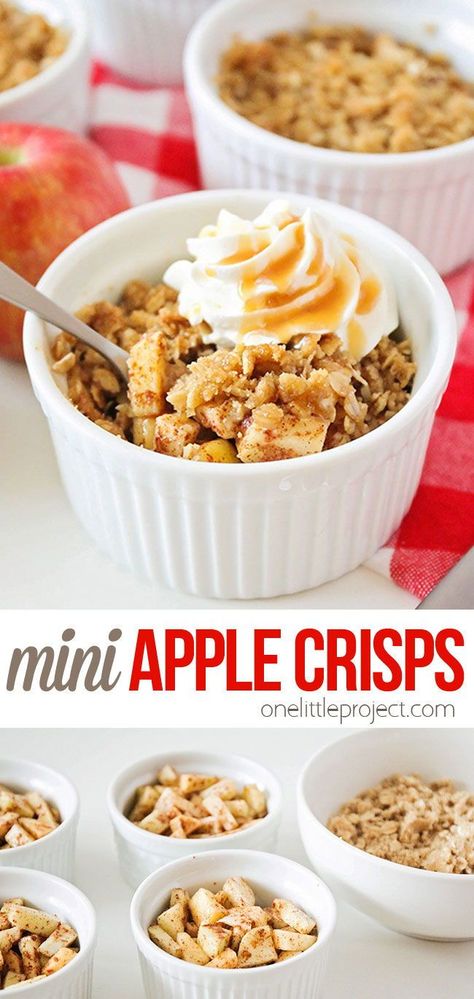 Mini Apple Crisp Ramekin, Individual Apple Crisp Recipe With Oats, Apple Crumble Individual Desserts, Apple Crisp Individual Recipe, Easy Individual Apple Crisps, Apple Crisp Cups Recipe, Individual Apple Dessert Recipes, Mini Apple Dessert Recipes, Apple Crumble Dessert Cups