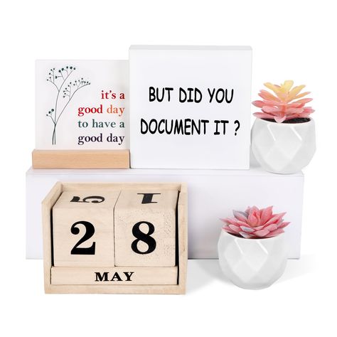 PRICES MAY VARY. 【Exquisite Positive Office Decor Gifts Set】This is an exquisite positive table decor gifts set, which includes 1 wooden box logo that printed with" but did you document it?", 1 office decoration plaque that printed with "it's a good day to have a good day ", 1 wooden desk calendar, 2 artificial succulents, adding beautiful scenery to your office. 【Premium & Durable】Each product in this office desk decor set is made of high-quality eco-friendly material, which is BPA free, sturdy Office Cricut Decor, School Admin Office Decor, Work Office Cubicle Decor, Cute Work Office Ideas, Cat Office Decor, Office Decor Workplace Ideas, Work Office Shelf Decor, Hospital Office Decor, Office Decor Workplace Women