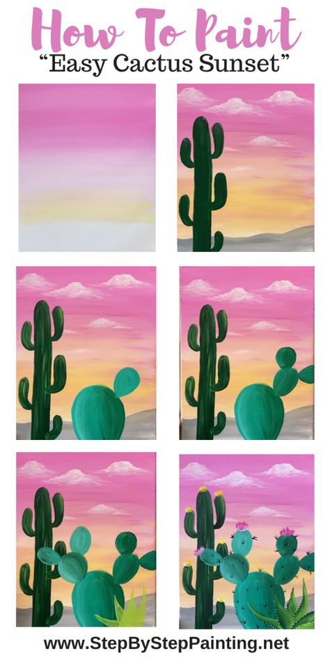 Foreground Art, Cactus Painting, Canvas Painting Tutorials, Simple Canvas Paintings, Easy Canvas Art, Desert Painting, Desert Sunset, Canvas Painting Diy, Acrylic Painting Tutorials