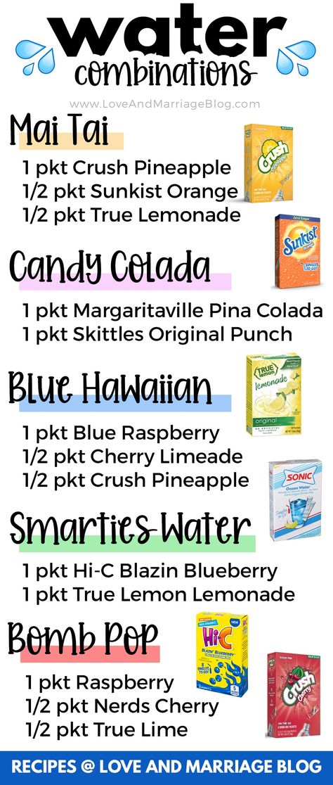 Summer Water Recipes, Sugar Free Drink Packet Recipes, Unicorn Water Recipe, Water Packet Organization, Water Tock Recipes, Drink Packet Organization, Drink Mix Packet Recipes, Powdered Drink Mix Recipes, Bariatric Basics