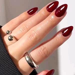 Round Fake Nails, Red Press On Nails, Nails Short Almond, Deep Red Nails, Gel Nail Tips, Short Almond, Burgundy Nails, Deep Burgundy, False Nail