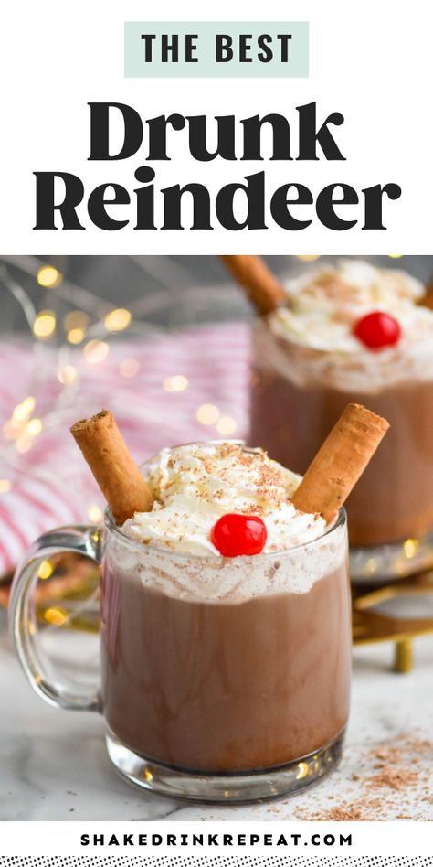 Drunken Rudolph Cocktail, Chocolate Holiday Drinks, Drunken Reindeer Drink, Reindeer Drinks Christmas, Chocolate Christmas Cocktails, Reindeer Shots, Drunken Rudolph Drink, Drunk Reindeer Drink, Tipsy Reindeer Cocktail