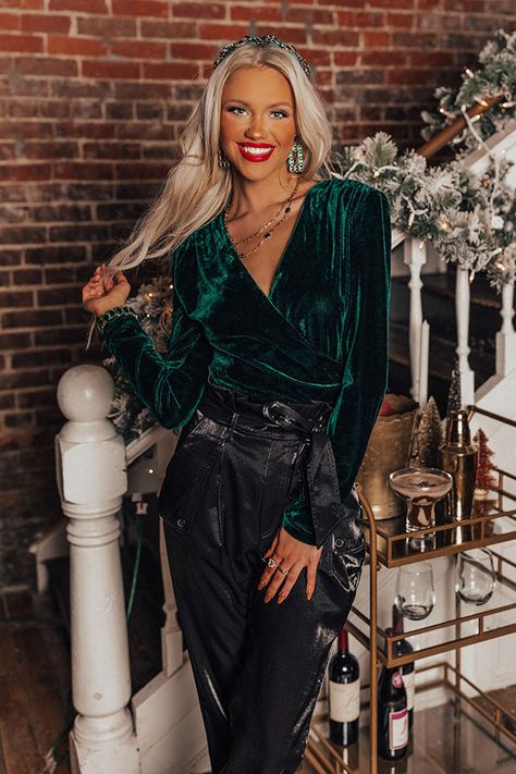 Chasing The Spotlight Velvet Bodysuit Velvet Bodysuit Outfit, Velvet Bodysuit, Surplice Neckline, Velvet Material, Velvet Tops, Women Clothing Boutique, Green Velvet, Hunter Green, Hip Length