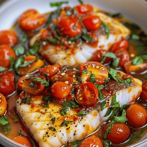 Mediterranean Cod With Tomato Basil Sauce, Halibut Recipes Mediterranean, Cod Fish With Cherry Tomatoes, Delicious Cod Recipes, Mediterranean Pan Seared Cod, Tomato Basil Cod, Basil Fish Recipes, Marry Me Fish Recipe, Pan Seared Mediterranean Cod In Tomato Basil Sauce