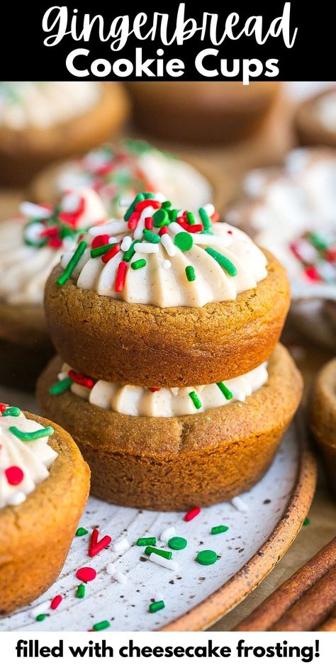 Gingerbread Cheesecake Cookies (Cookie Cups) Gingerbread Cheesecake Cookies, Gingerbread Cookie Cups, Spiced Cheesecake, Fun Rice Krispie Treats, Gingerbread Cookie Dough, Cheesecake Frosting, Gingerbread Cheesecake, Chewy Gingerbread Cookies, Homemade Toffee